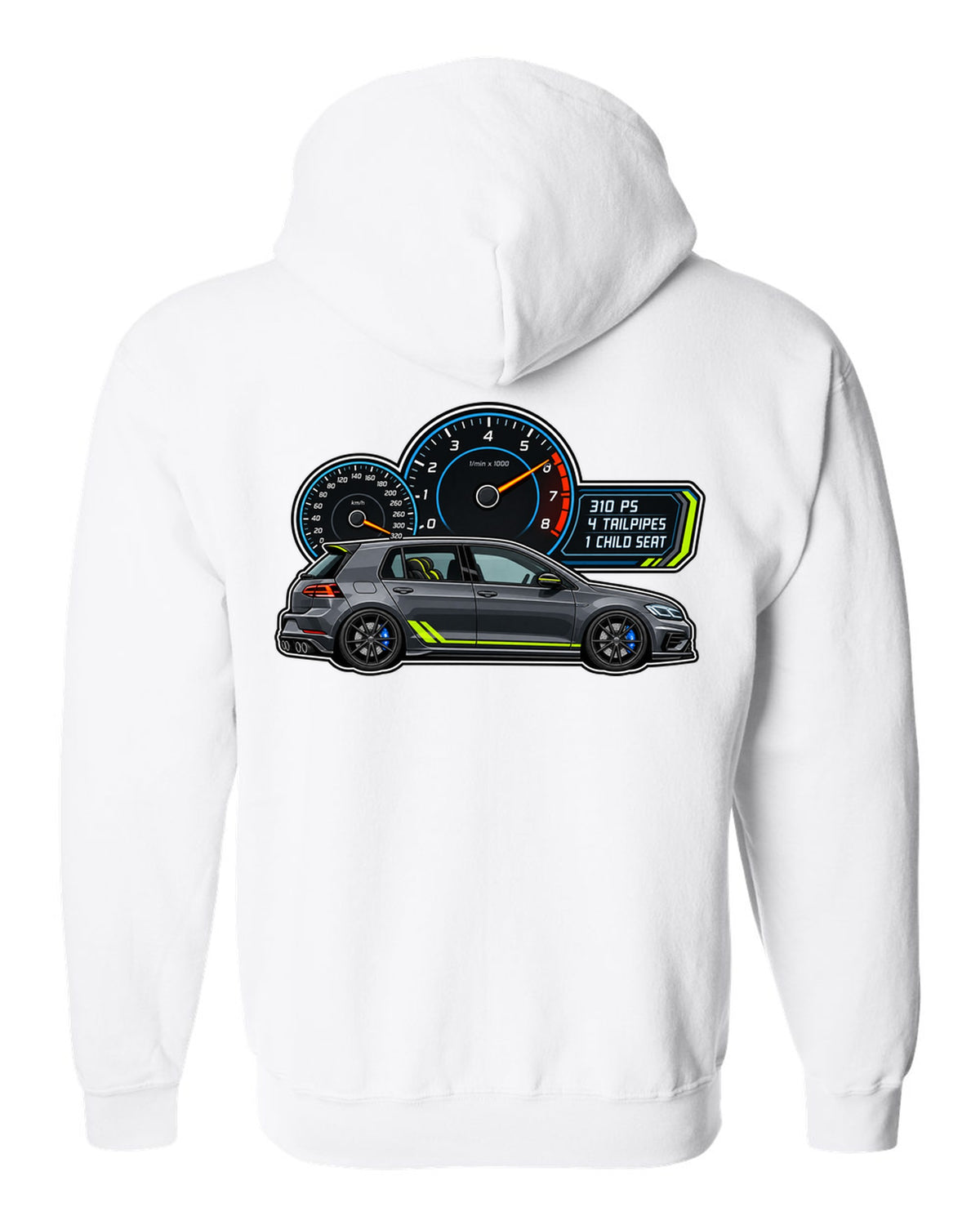 Gauge cluster style print for a VW Golf R Mk7.5 showing 310 PS 4 tailpipes 1 child seat white zip hoodie back view with the design