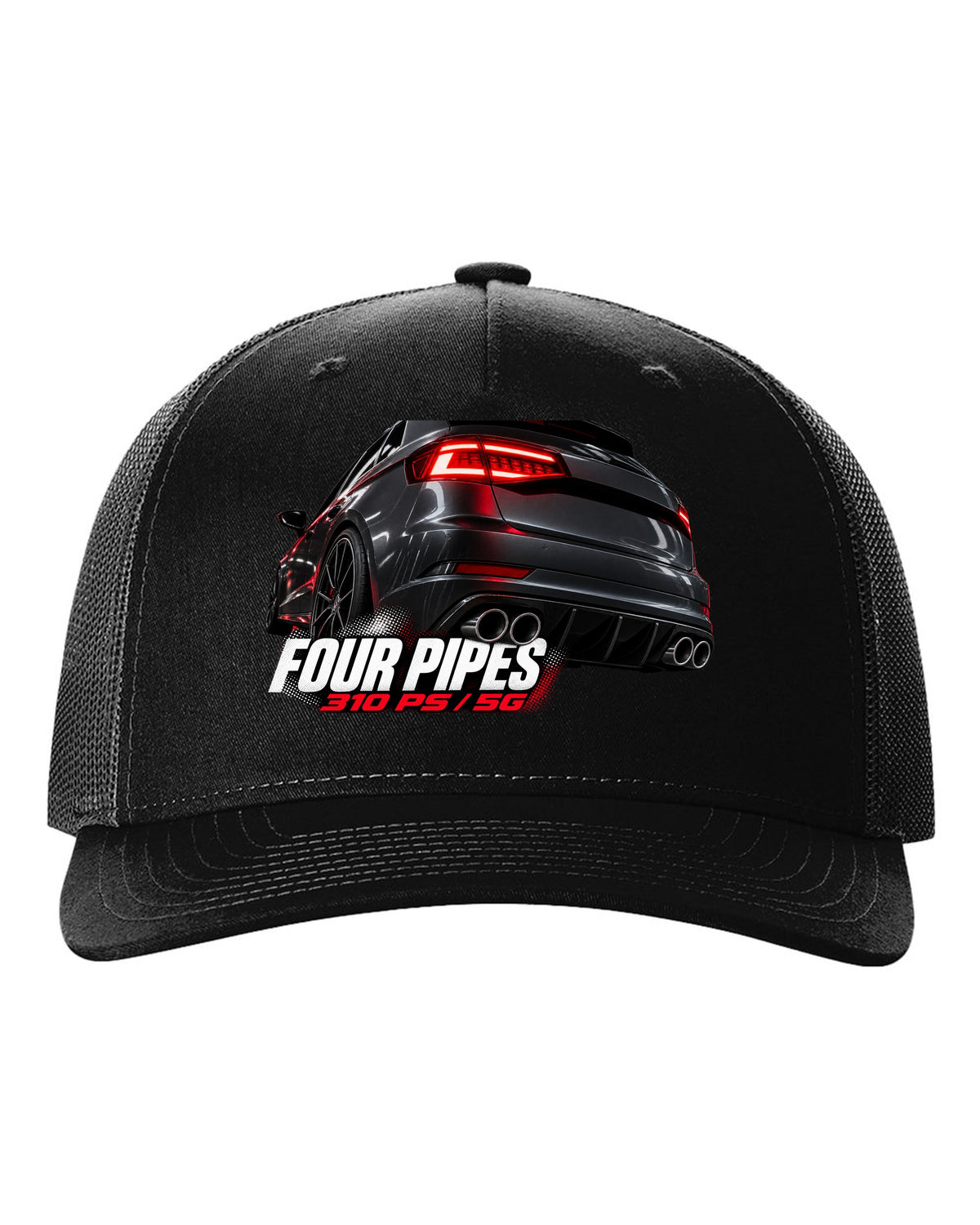 print macro of a VW Golf R Mk7.5 rear taillight and four exhaust pipes with 310 PS text black hat front view with the design