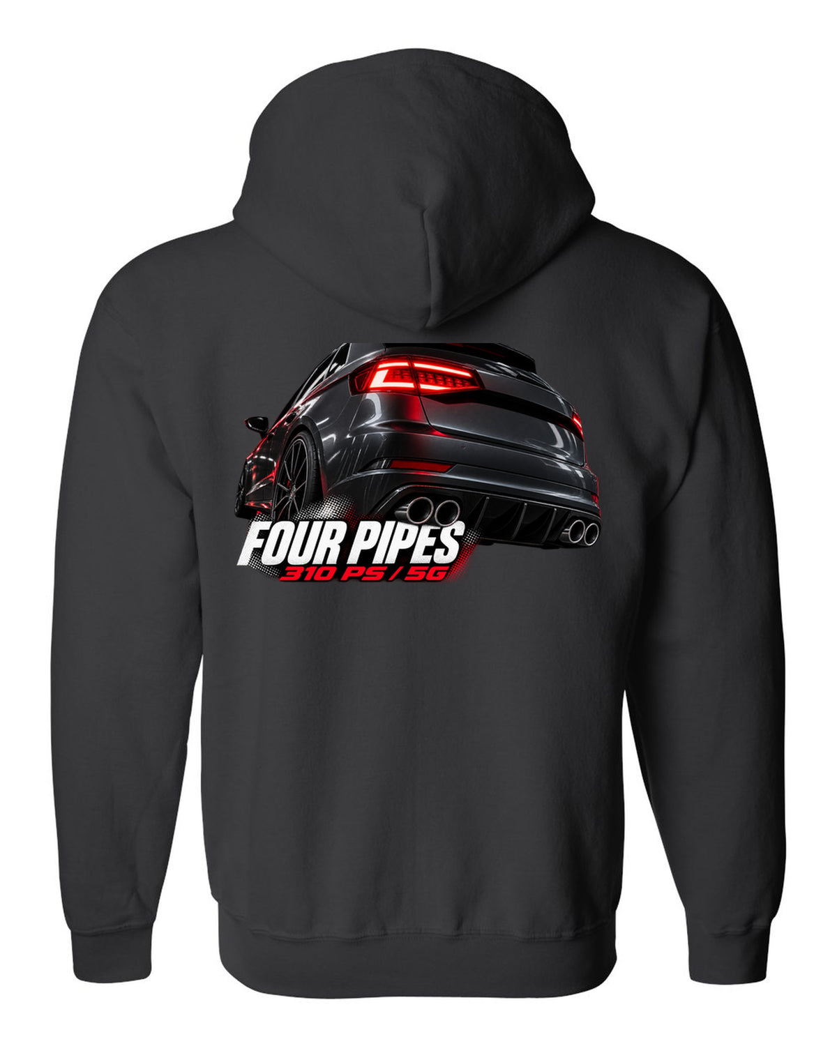 print macro of a VW Golf R Mk7.5 rear taillight and four exhaust pipes with 310 PS text black zip hoodie back view with the design