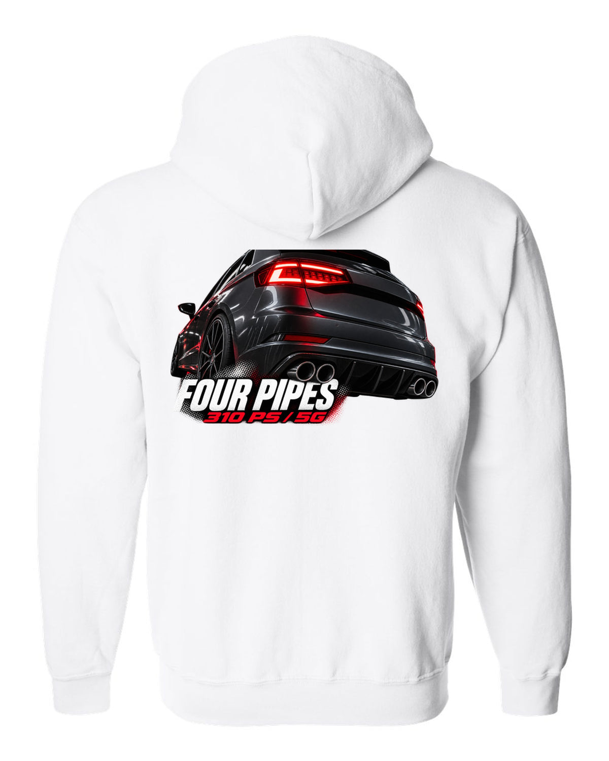 print macro of a VW Golf R Mk7.5 rear taillight and four exhaust pipes with 310 PS text white zip hoodie back view with the design