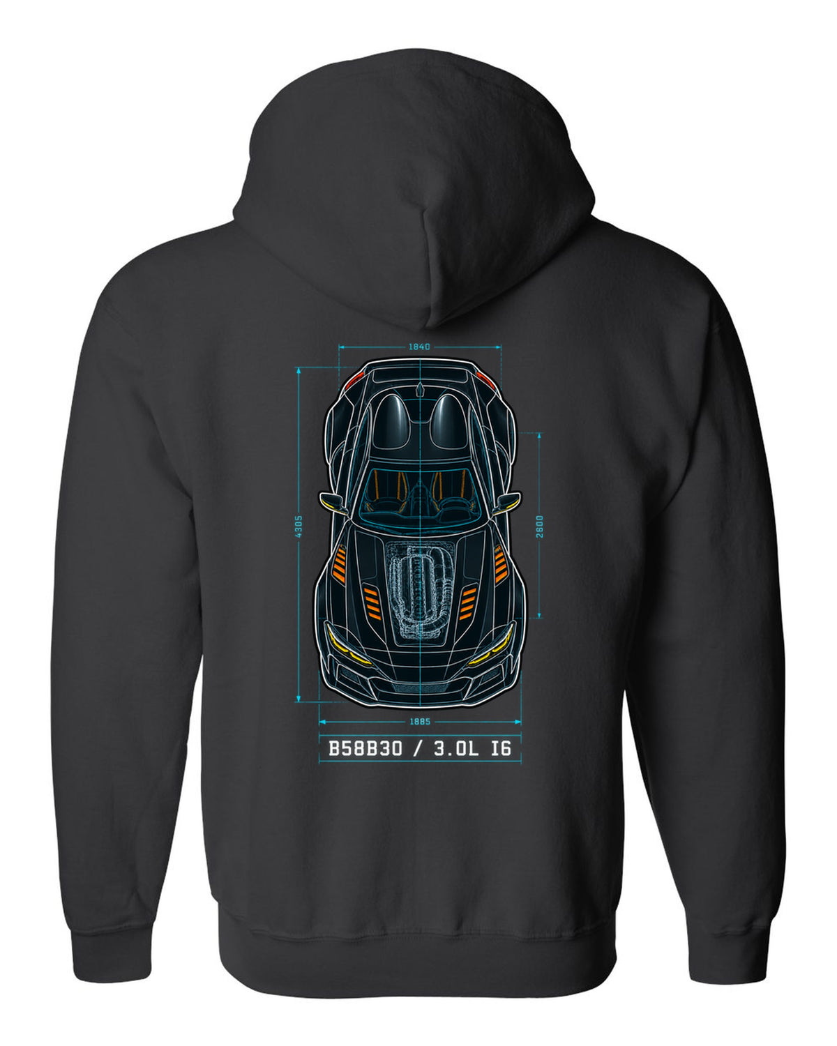 Patent-style overhead blueprint of the B58B30 3.0L inline-six in the Toyota GR Supra A90 black zip hoodie back view with the design