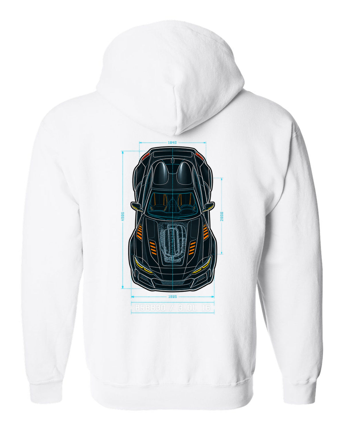 Patent-style overhead blueprint of the B58B30 3.0L inline-six in the Toyota GR Supra A90 white zip hoodie back view with the design