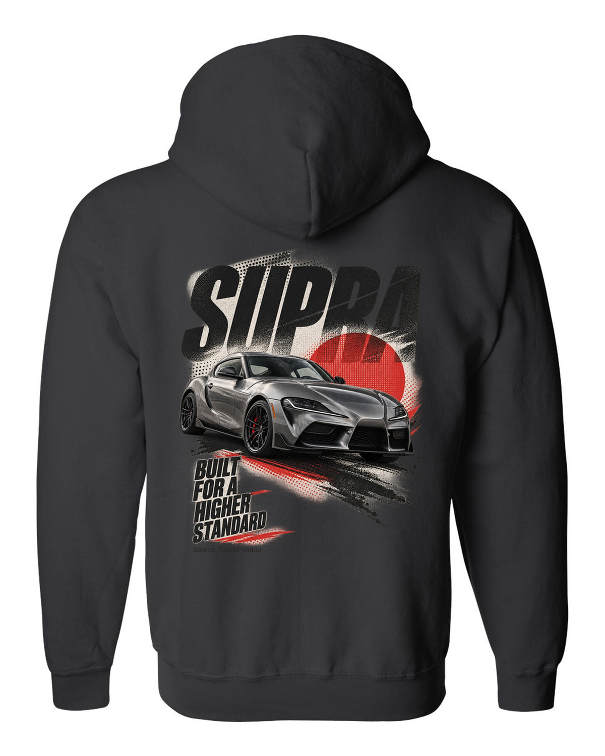 Interior cockpit and gauge view of the Toyota GR Supra A91-MT with rev-match text black zip hoodie back view with the design