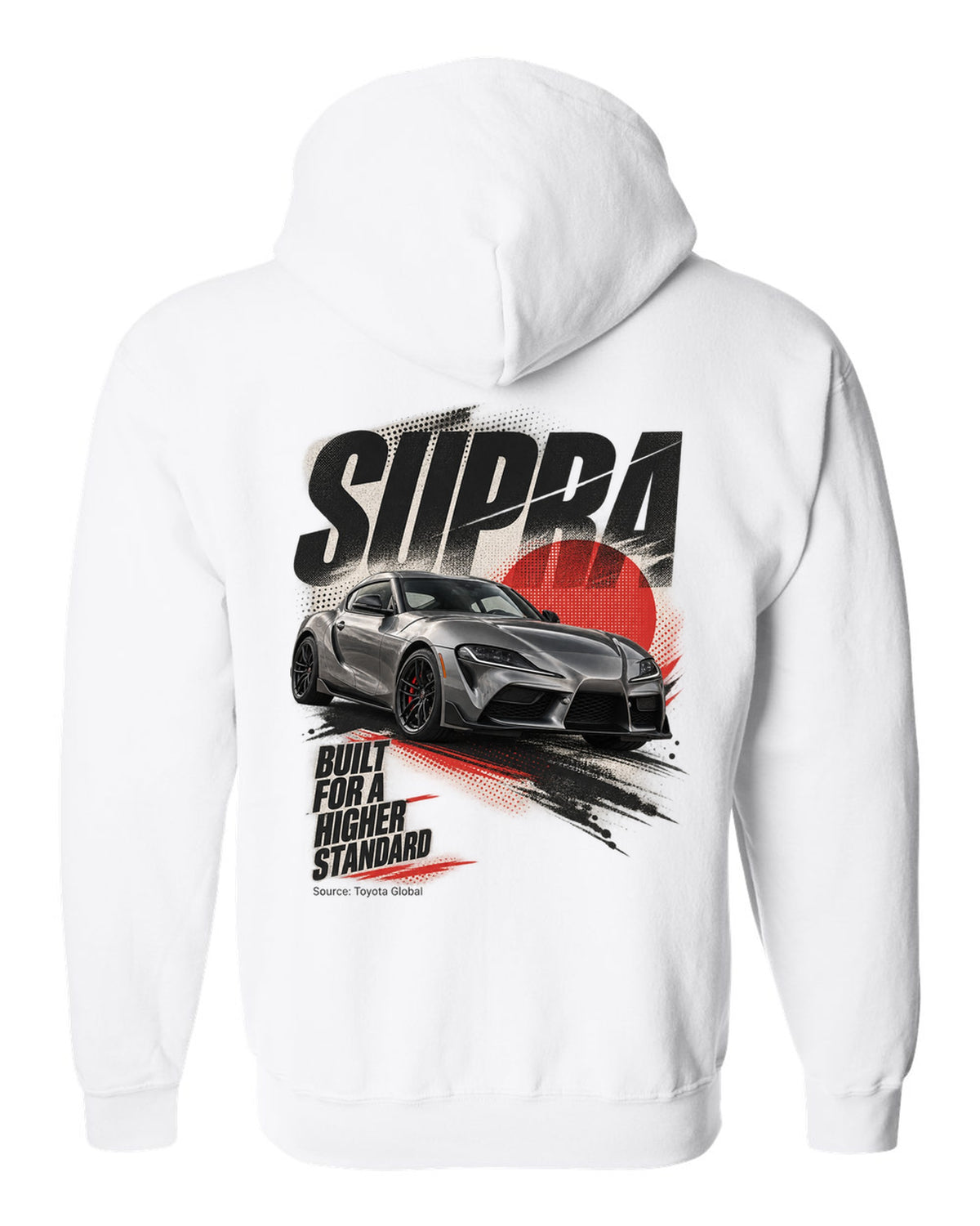 Interior cockpit and gauge view of the Toyota GR Supra A91-MT with rev-match text white zip hoodie back view with the design