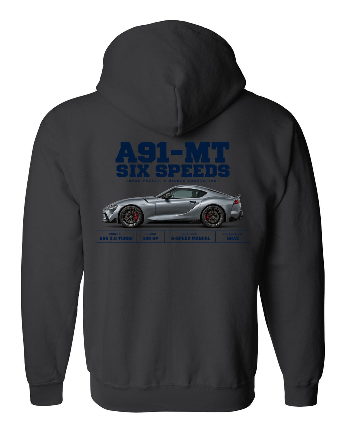 Signal red Toyota GR Supra A91-MT shown in three views with spec table black zip hoodie back view with the design