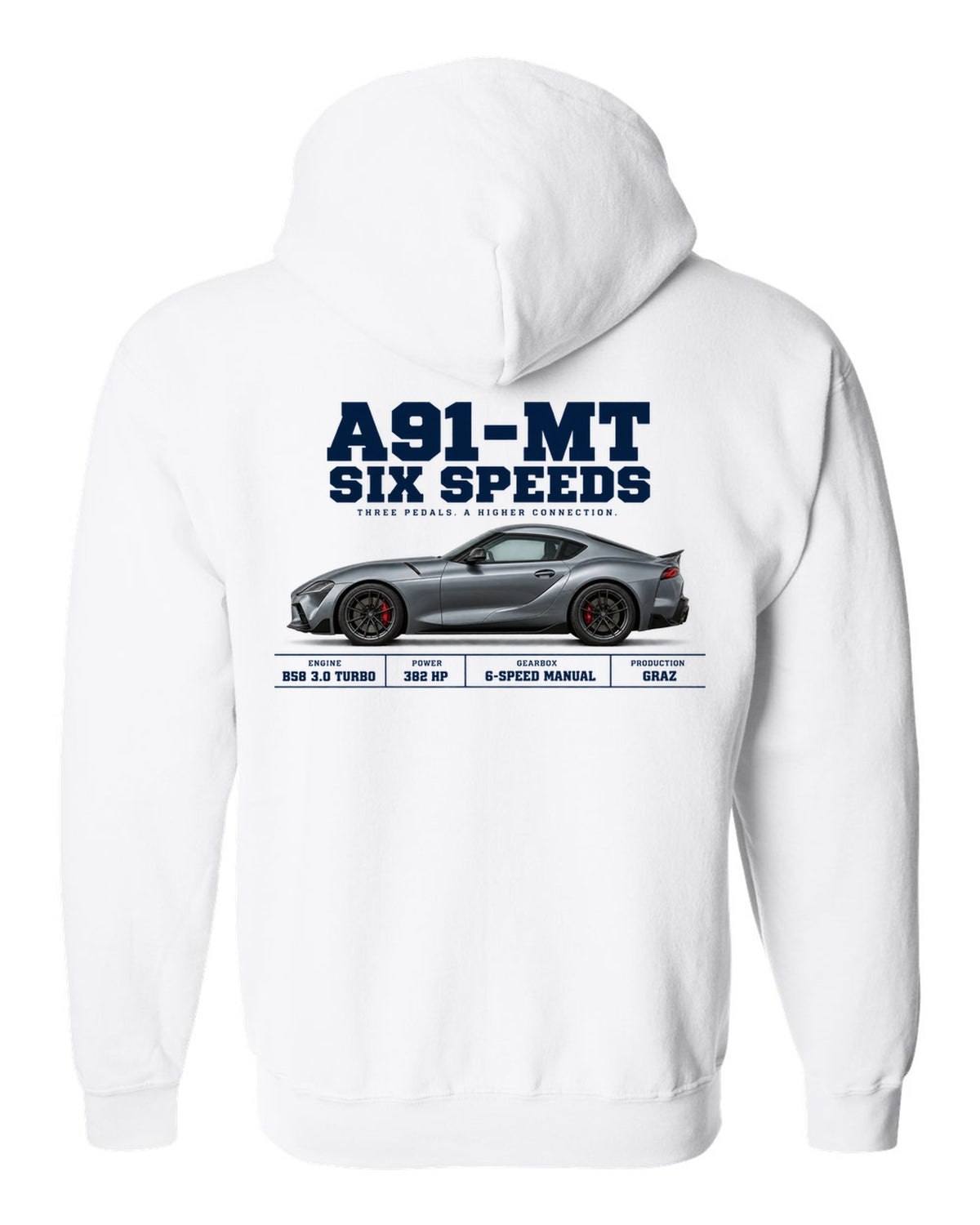 Signal red Toyota GR Supra A91-MT shown in three views with spec table white zip hoodie back view with the design