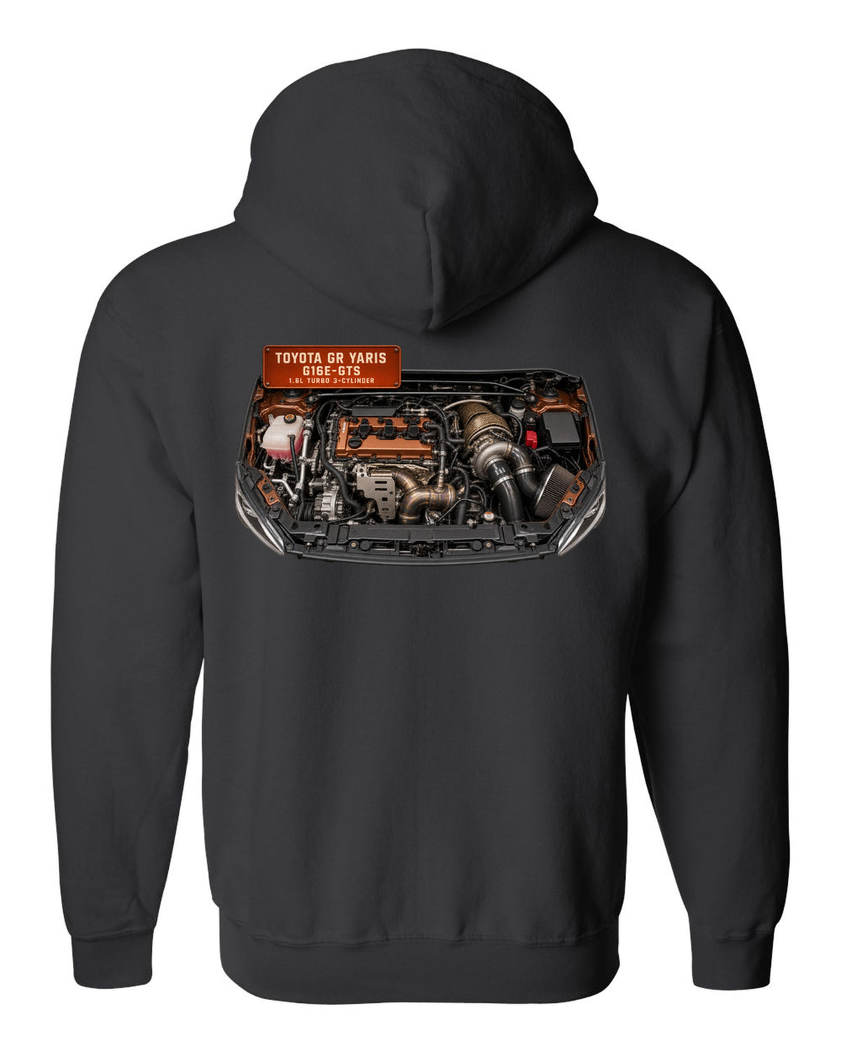 Toyota GR Yaris G16E-GTS three-cylinder turbo engine bay illustration black zip hoodie back view with the design