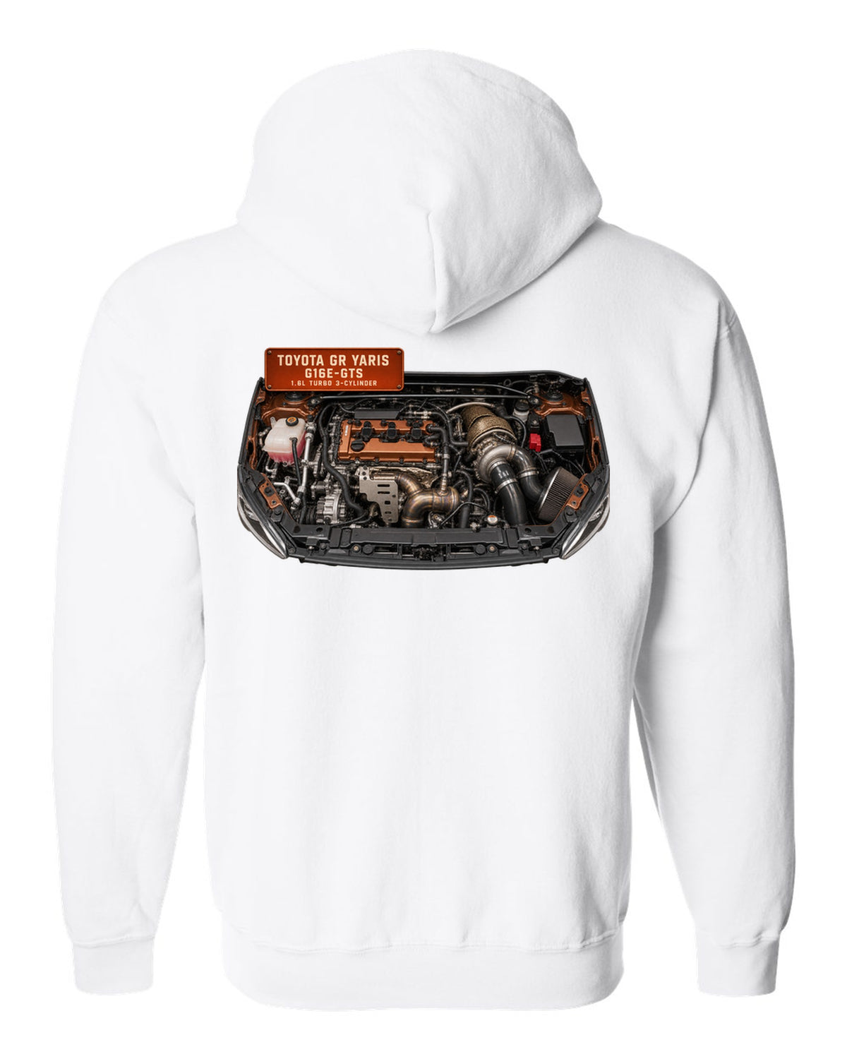 Toyota GR Yaris G16E-GTS three-cylinder turbo engine bay illustration white zip hoodie back view with the design