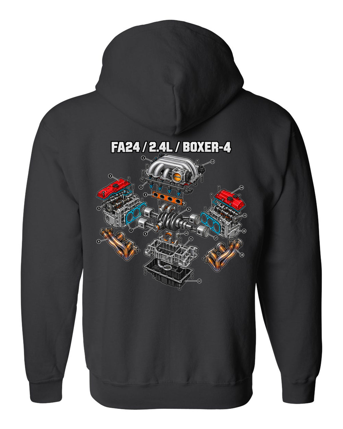 Cutaway exploded diagram of the FA24 2.4L boxer-four engine for a Toyota GR86 ZN8 black zip hoodie back view with the design
