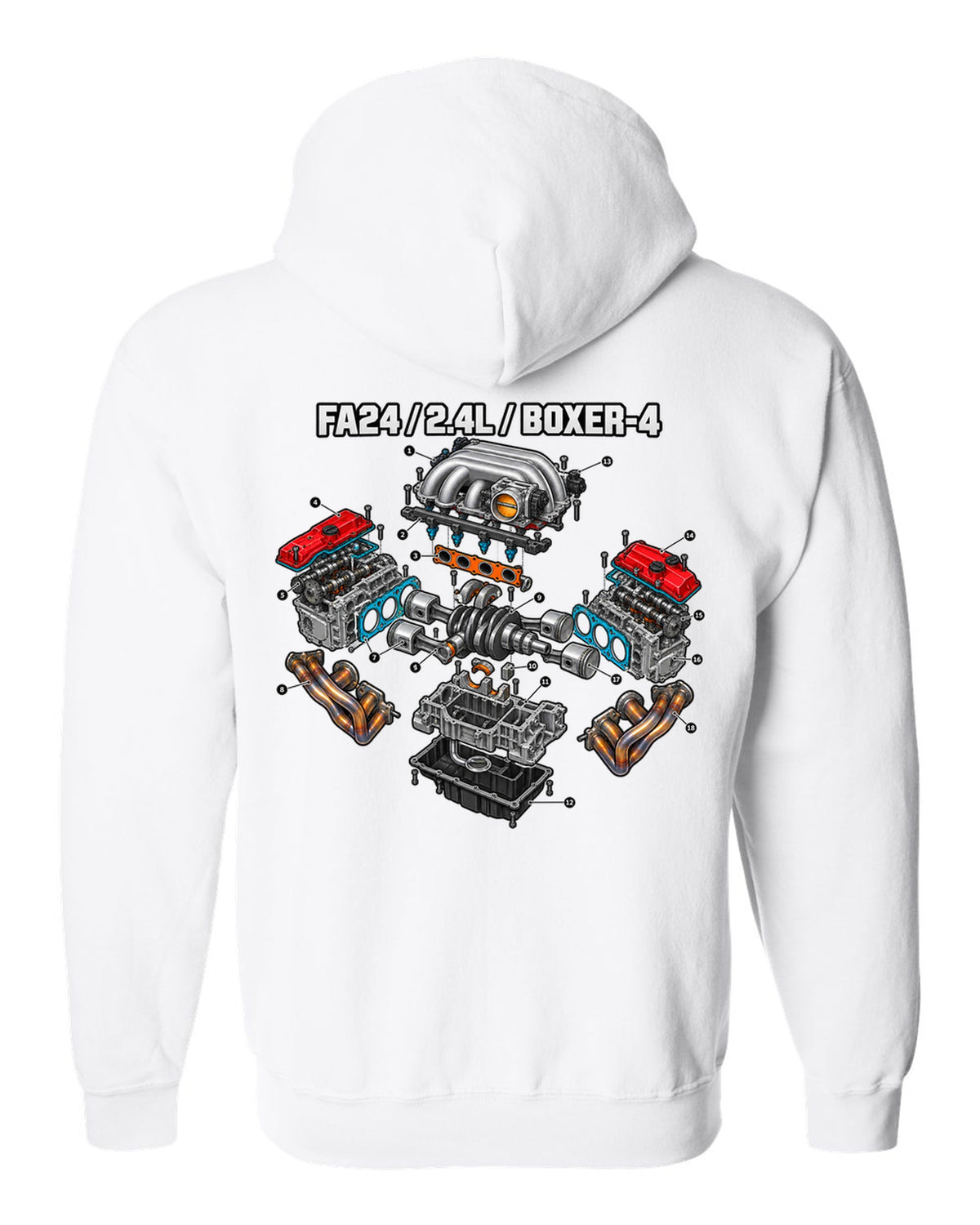 Cutaway exploded diagram of the FA24 2.4L boxer-four engine for a Toyota GR86 ZN8 white zip hoodie back view with the design