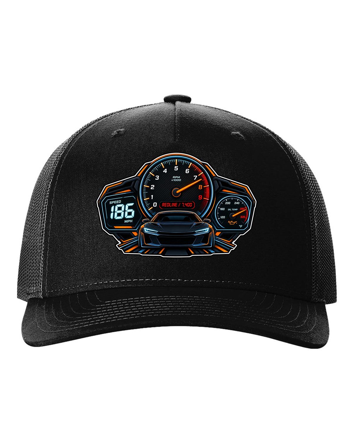 Gauge cluster HUD illustration for a Toyota GR86 ZN8 with Redline 7,400 lettering black hat front view with the design