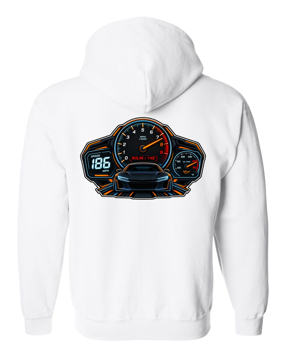 Gauge cluster HUD illustration for a Toyota GR86 ZN8 with Redline 7,400 lettering white zip hoodie back view with the design