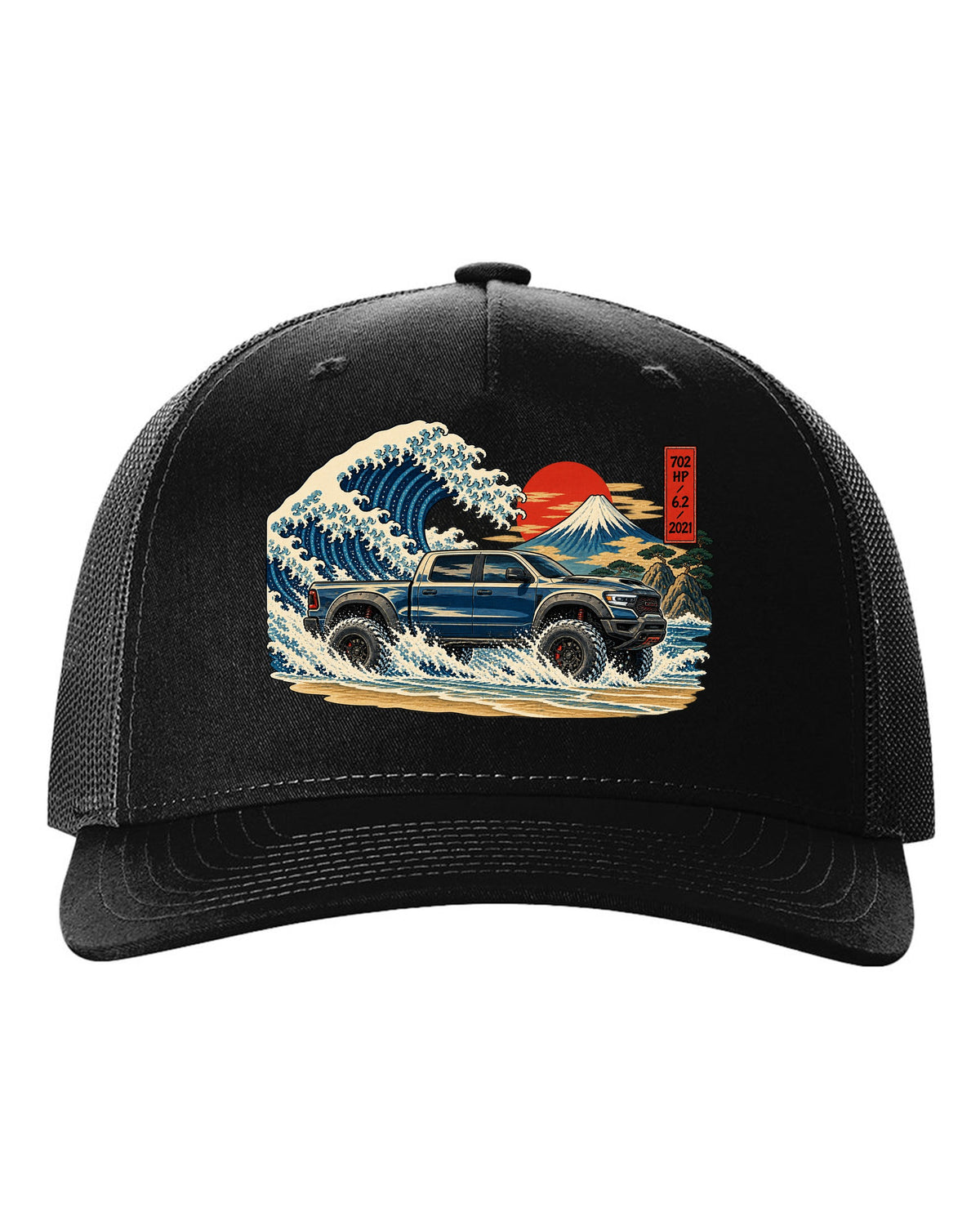 Ukiyo-e great wave woodblock print of a 2021-2024 Ram 1500 TRX with 702 HP 6.2 2021 text black hat front view with the design