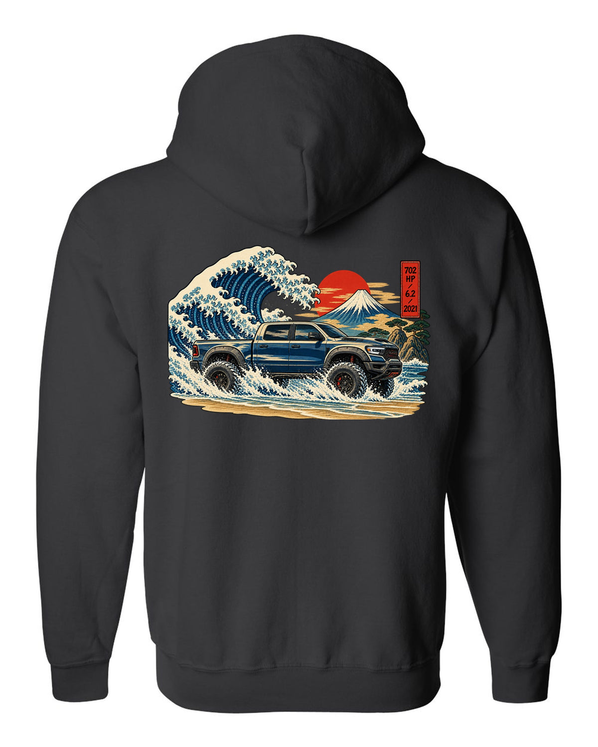 Ukiyo-e great wave woodblock print of a 2021-2024 Ram 1500 TRX with 702 HP 6.2 2021 text black zip hoodie back view with the design