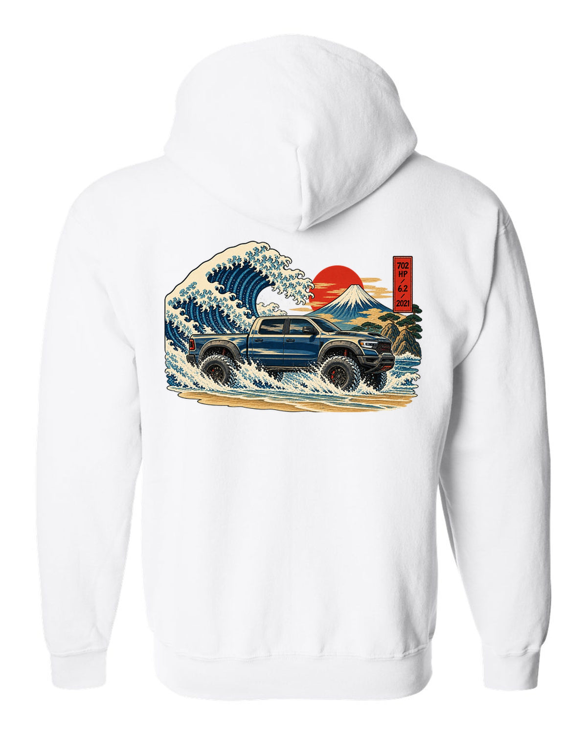 Ukiyo-e great wave woodblock print of a 2021-2024 Ram 1500 TRX with 702 HP 6.2 2021 text white zip hoodie back view with the design