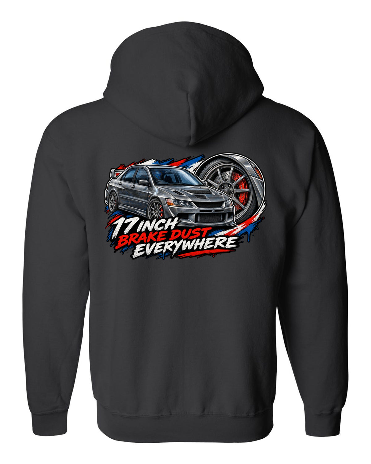 Painterly close-up of a grey spoke wheel on a Mitsubishi Evo VIII CT9A with 17 inch brake dust text black zip hoodie back view with the design