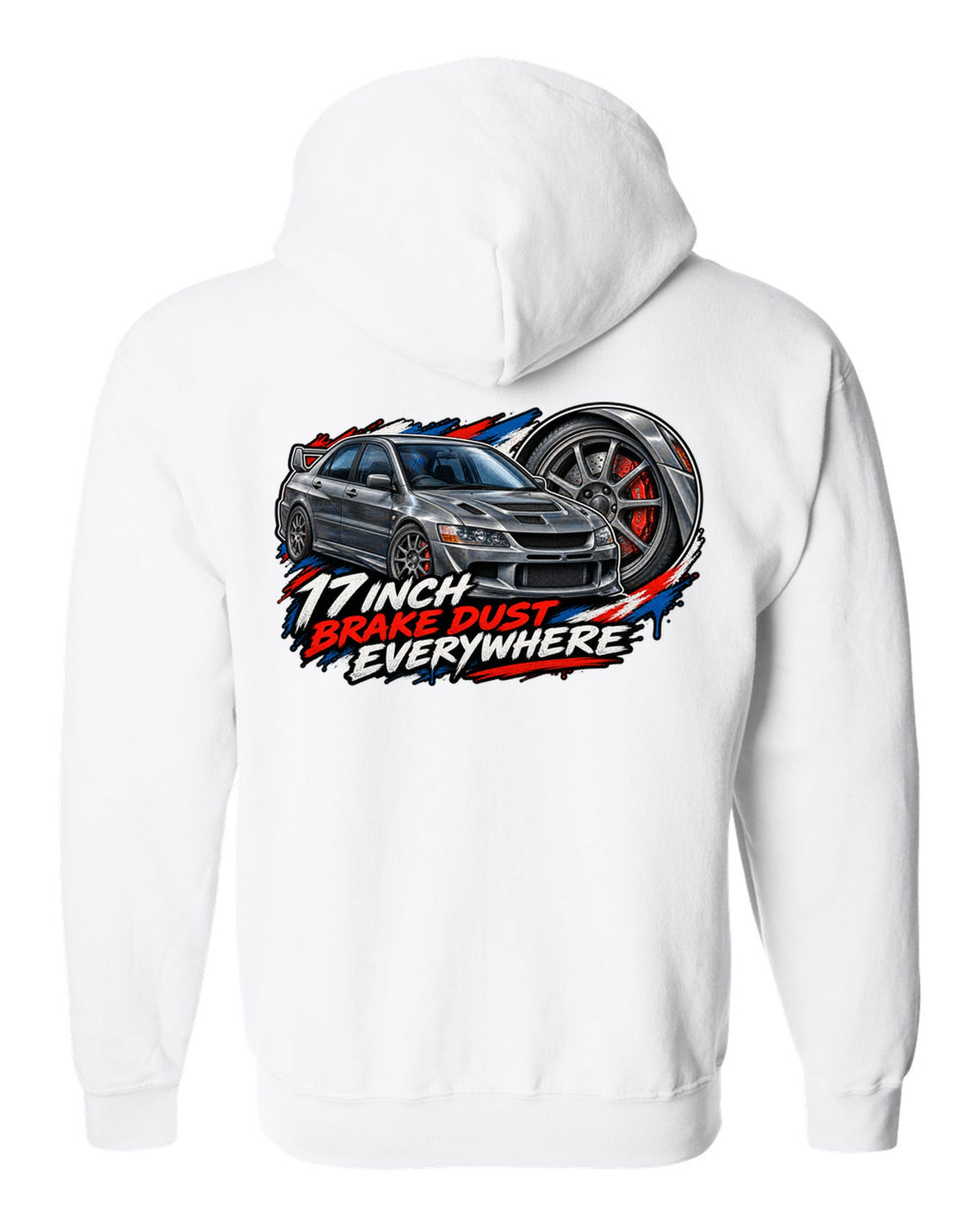 Painterly close-up of a grey spoke wheel on a Mitsubishi Evo VIII CT9A with 17 inch brake dust text white zip hoodie back view with the design