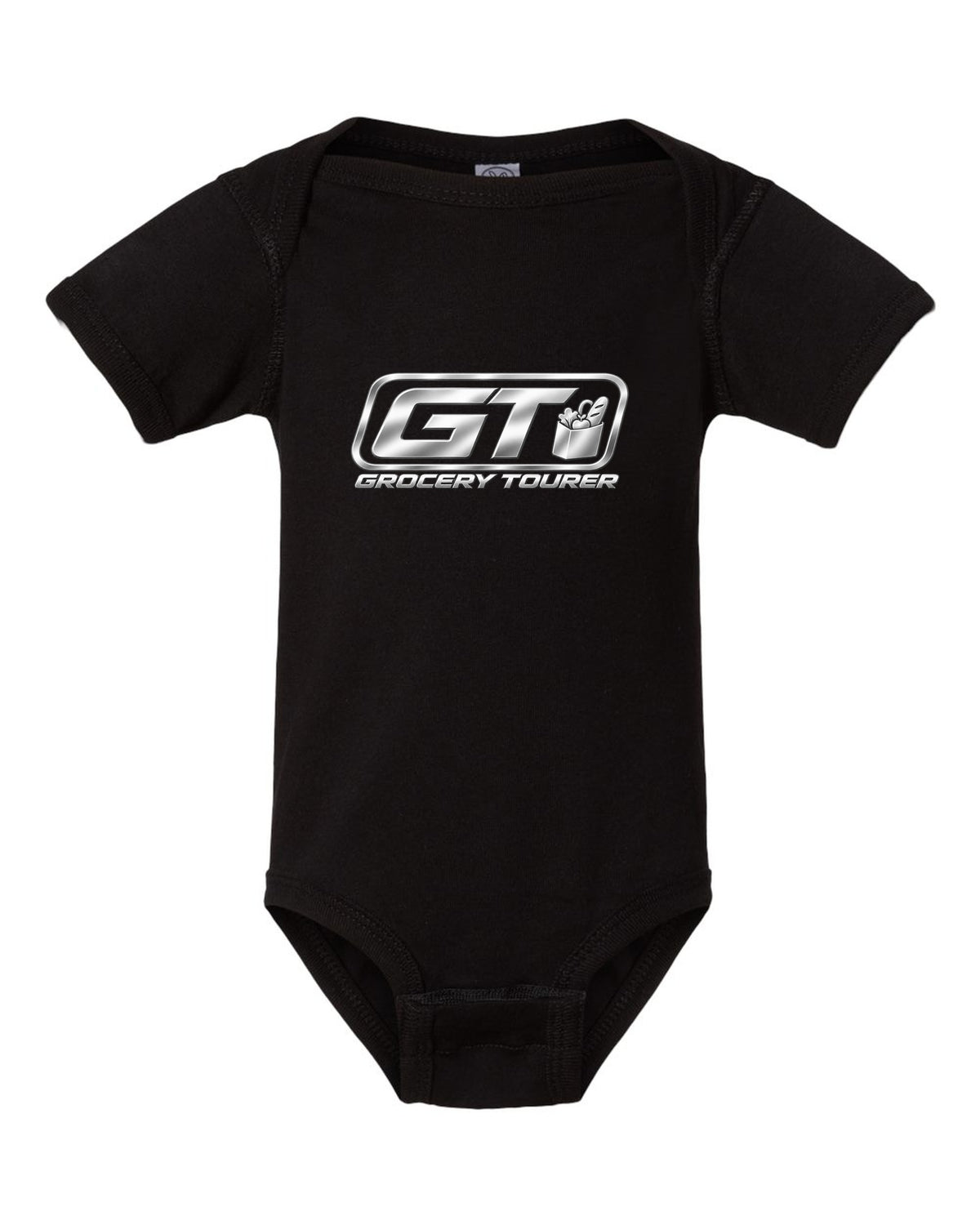 GT Grocery Tourer Funny Car Guy Shirt for Car Enthusiasts black baby onesie front view with the design