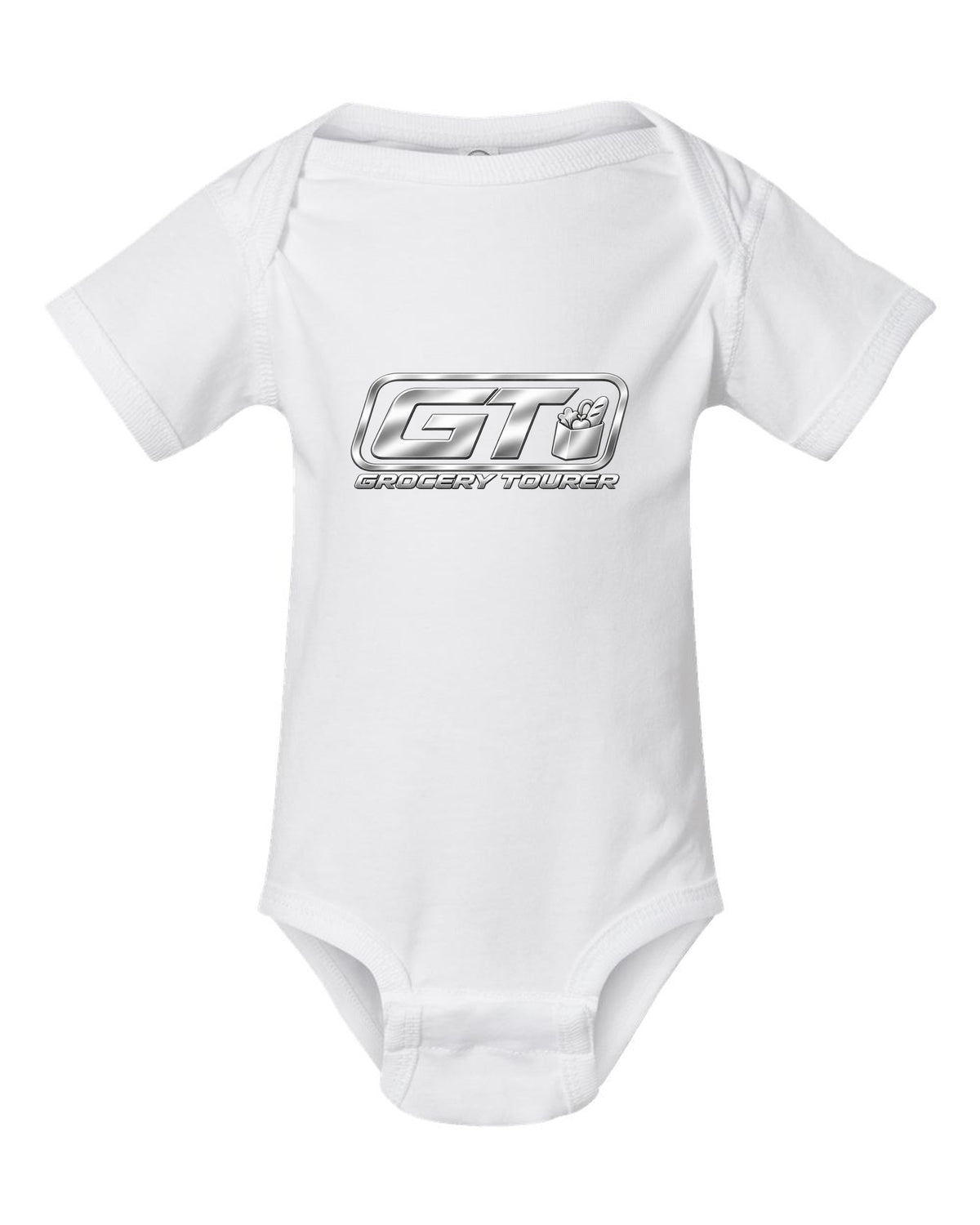 GT Grocery Tourer Funny Car Guy Shirt for Car Enthusiasts white baby onesie front view with the design