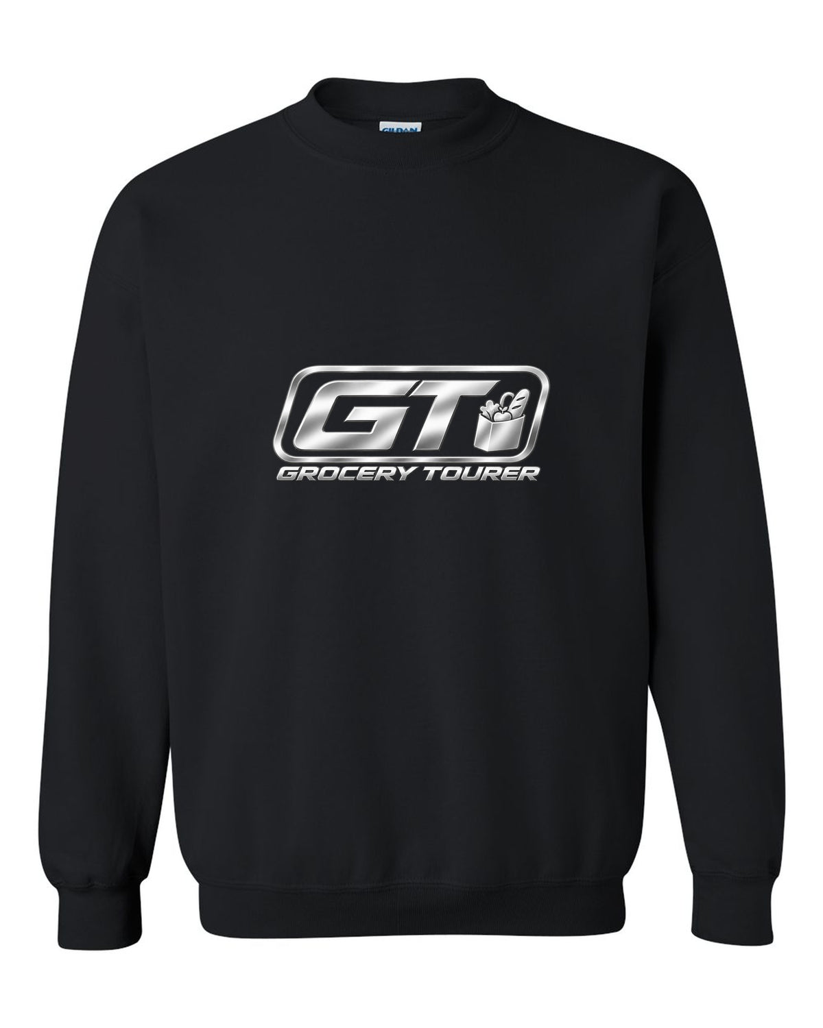 Rounded GT trunk plaque with small grocery bag icon black crewneck front view with the design