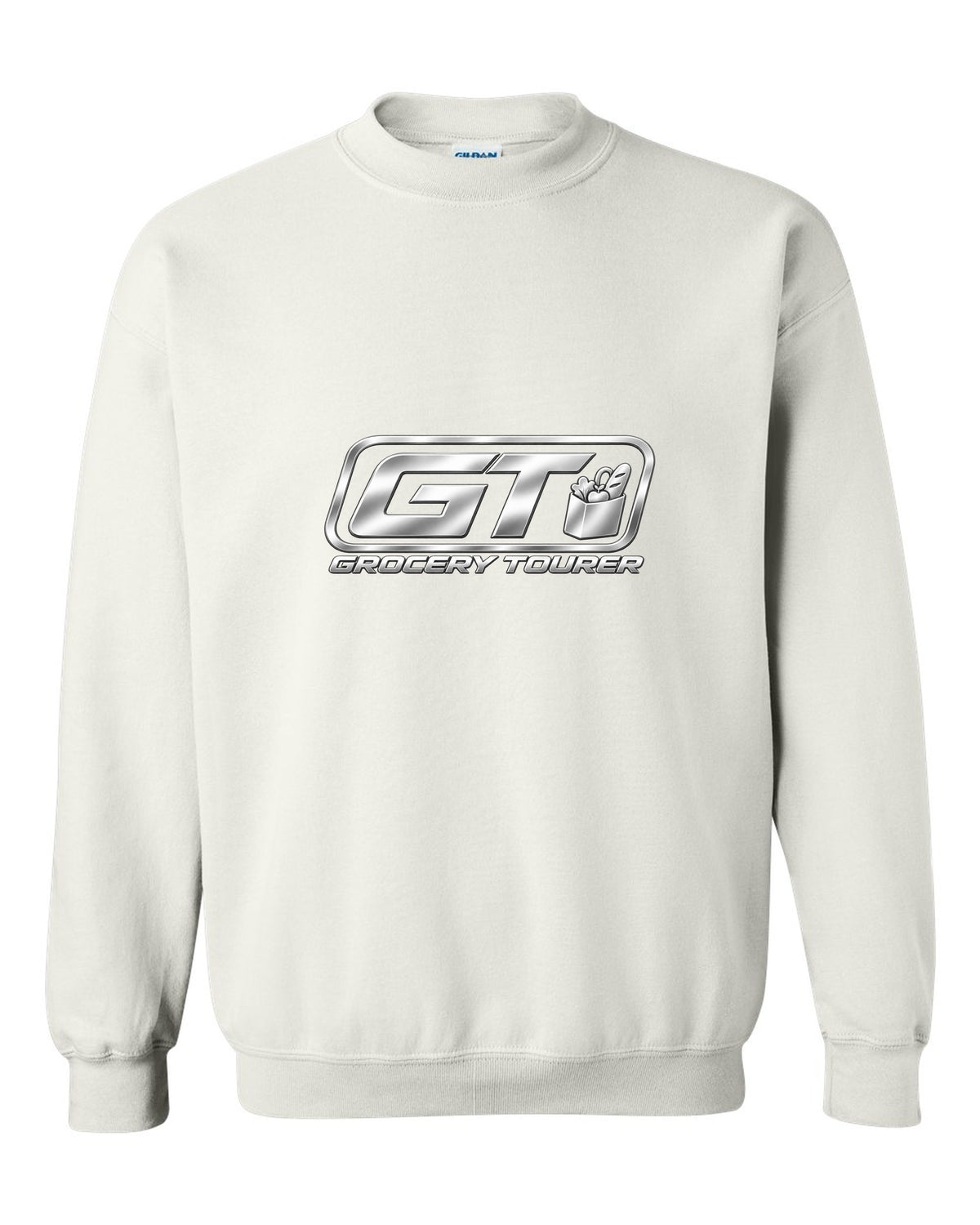 Rounded GT trunk plaque with small grocery bag icon white crewneck front view with the design