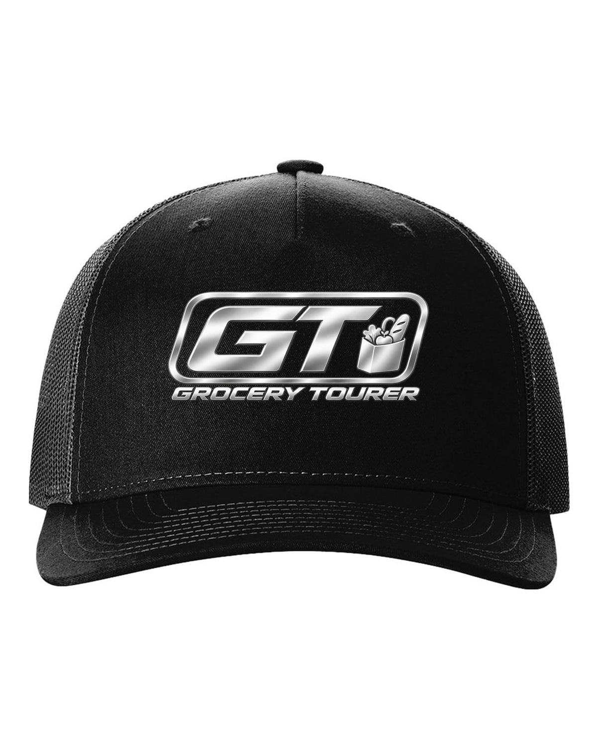 Rounded GT trunk plaque with small grocery bag icon black hat front view with the design