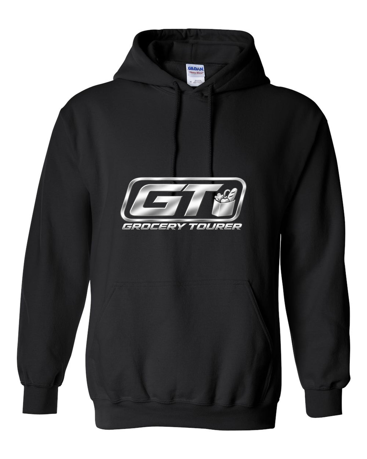 Rounded GT trunk plaque with small grocery bag icon black pull over hoodie front view with the design