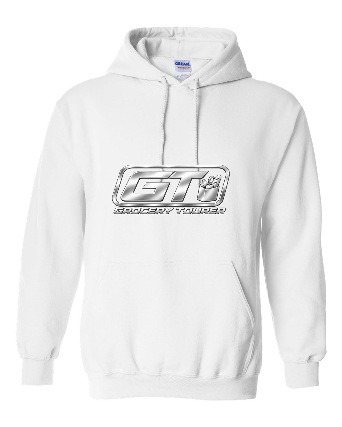 Rounded GT trunk plaque with small grocery bag icon white pull over hoodie front view with the design