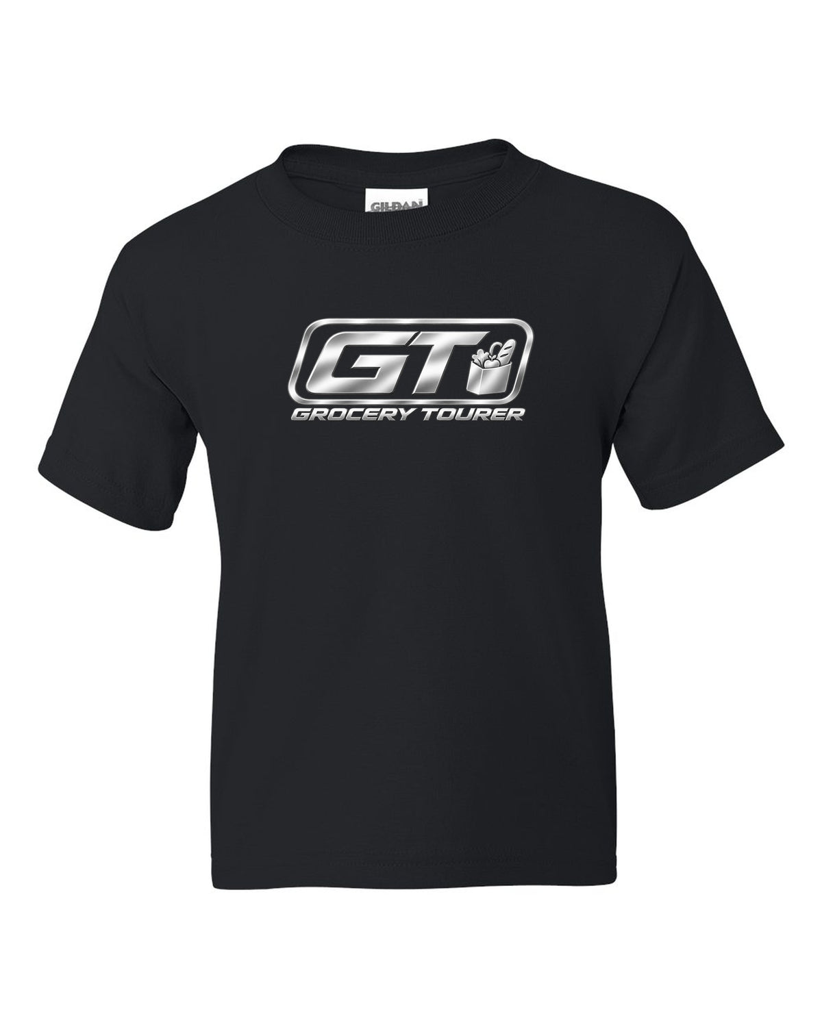 Rounded GT trunk plaque with small grocery bag icon black kids tee front view with the design
