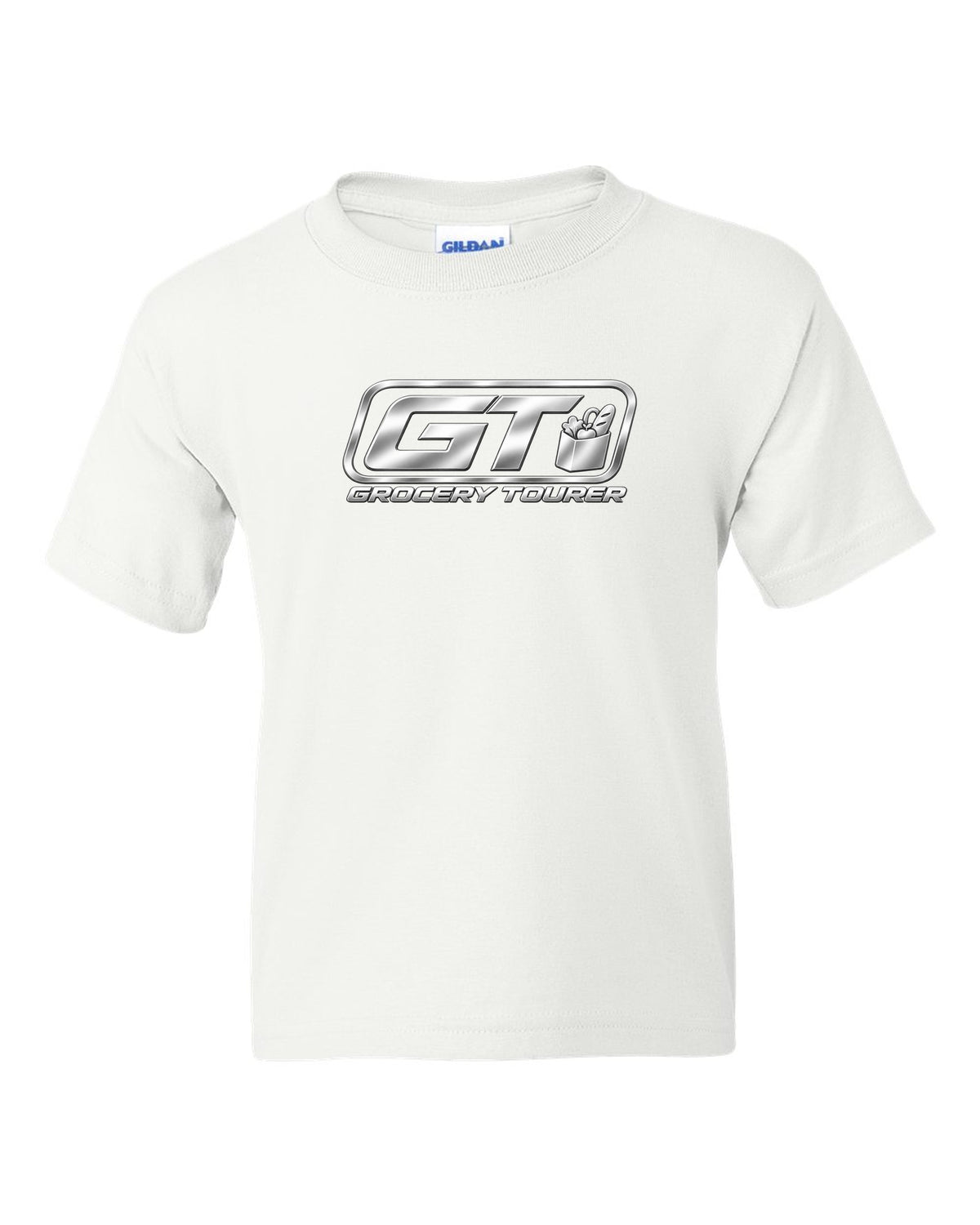 Rounded GT trunk plaque with small grocery bag icon white kids tee front view with the design