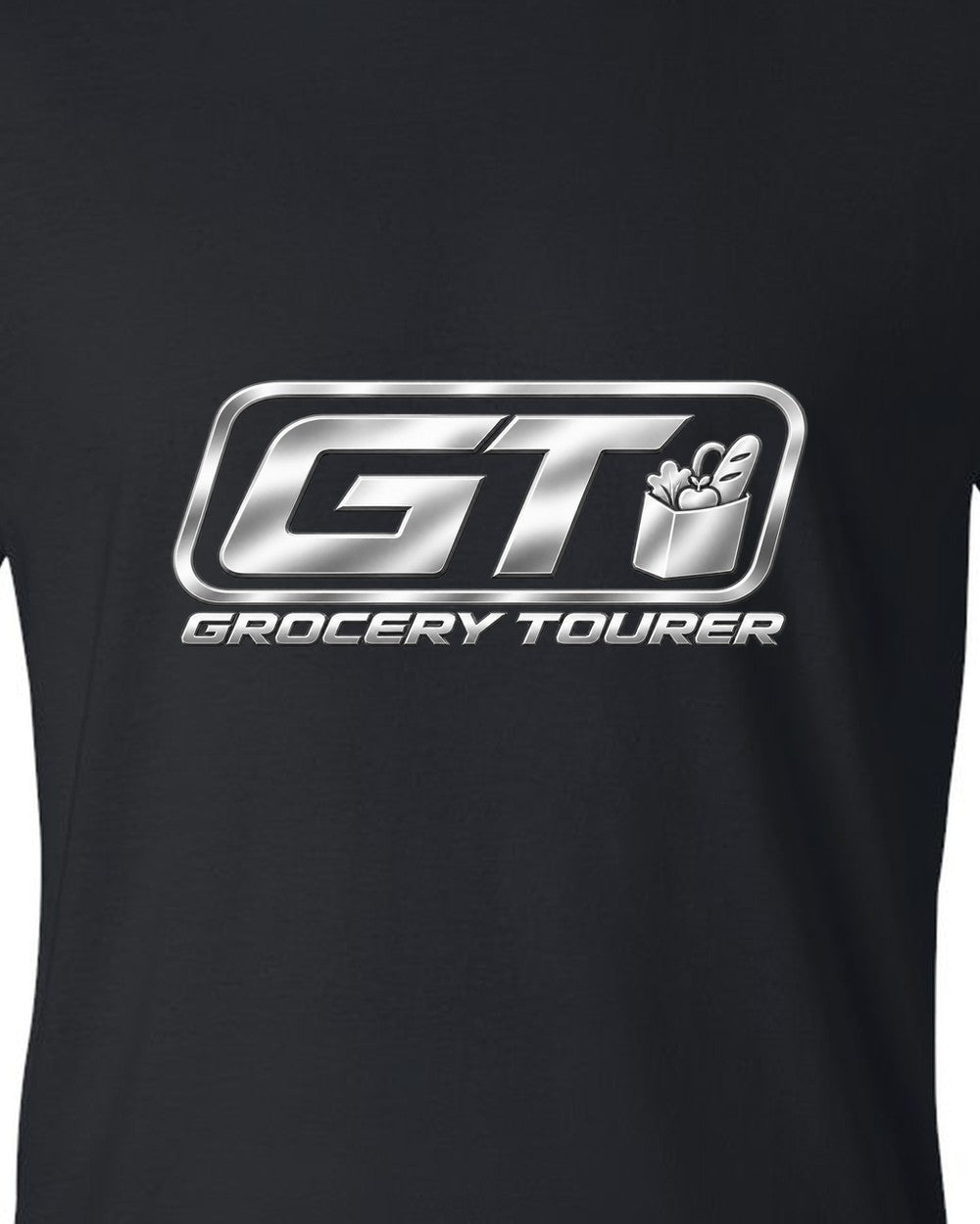 Rounded GT trunk plaque with small grocery bag icon black t-shirt close-up