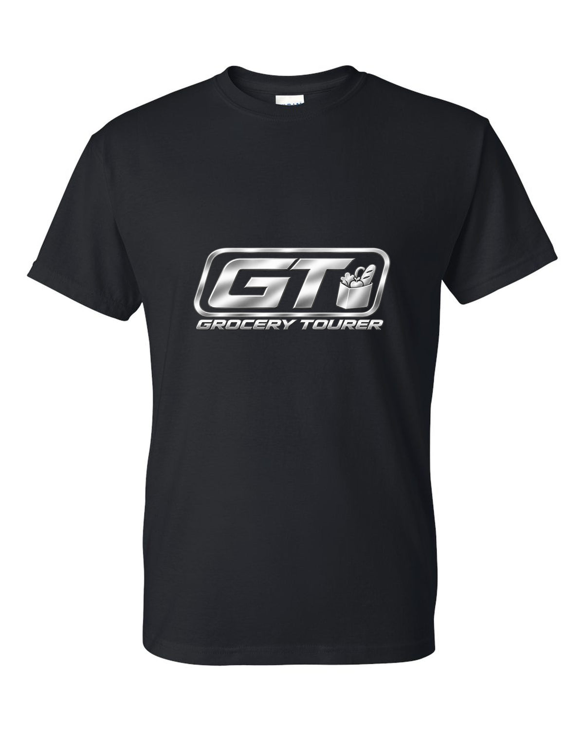 Rounded GT trunk plaque with small grocery bag icon black t-shirt front view with the design