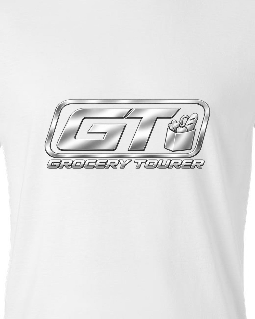 Rounded GT trunk plaque with small grocery bag icon white t-shirt close-up