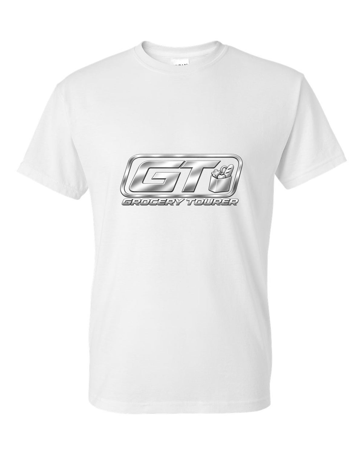 Rounded GT trunk plaque with small grocery bag icon white t-shirt front view with the design