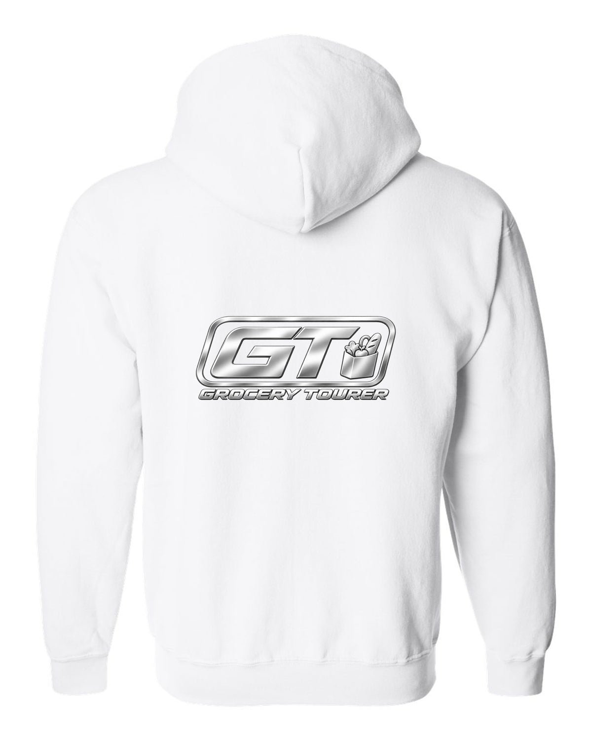 Rounded GT trunk plaque with small grocery bag icon white zip hoodie back view with the design