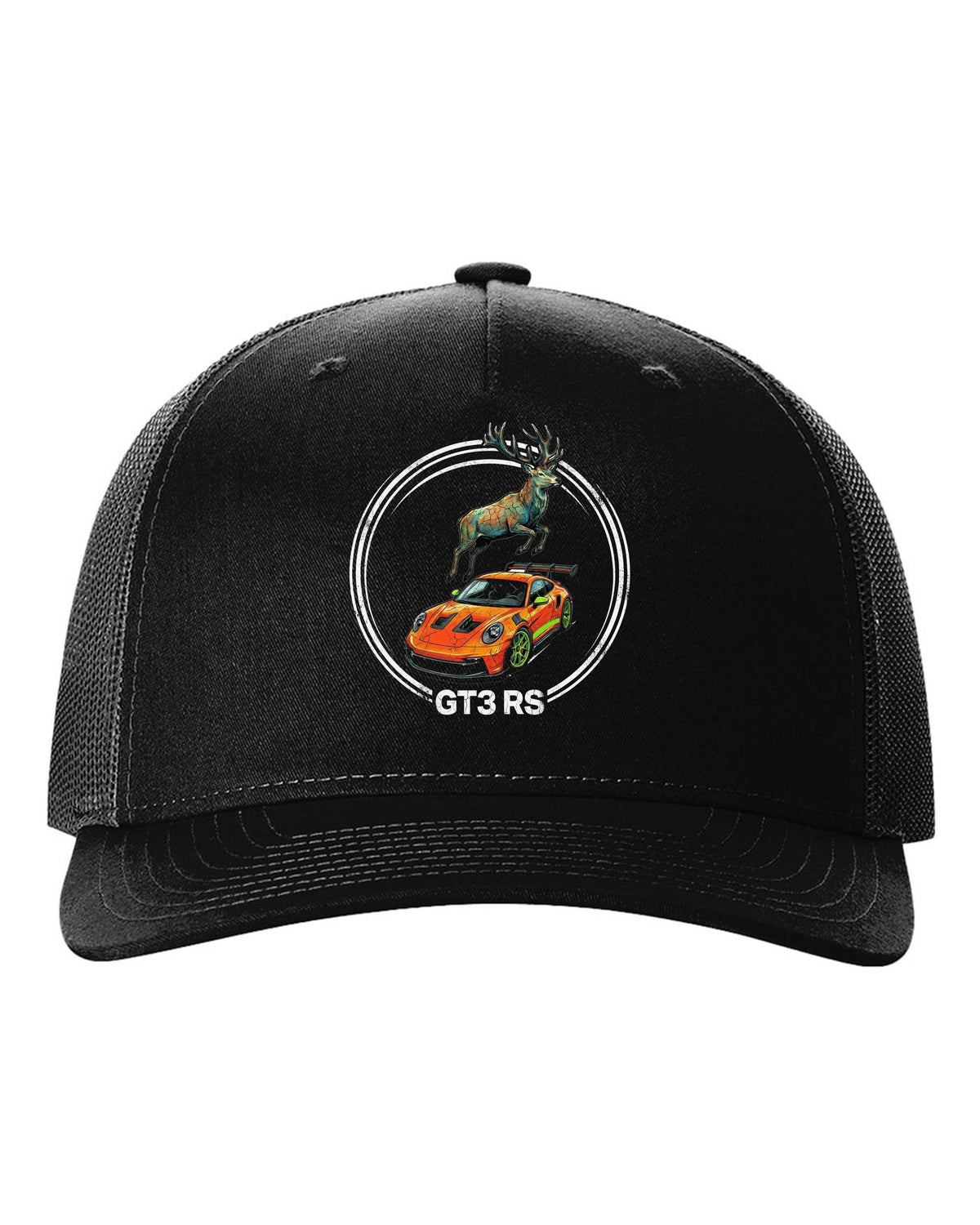 Porsche 911 GT3 RS Stag black trucker hat front view with the design