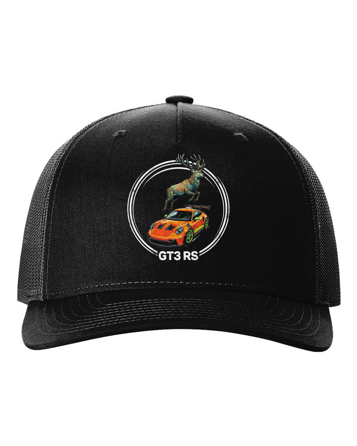 Porsche 911 GT3 RS Stag black trucker hat front view with the design