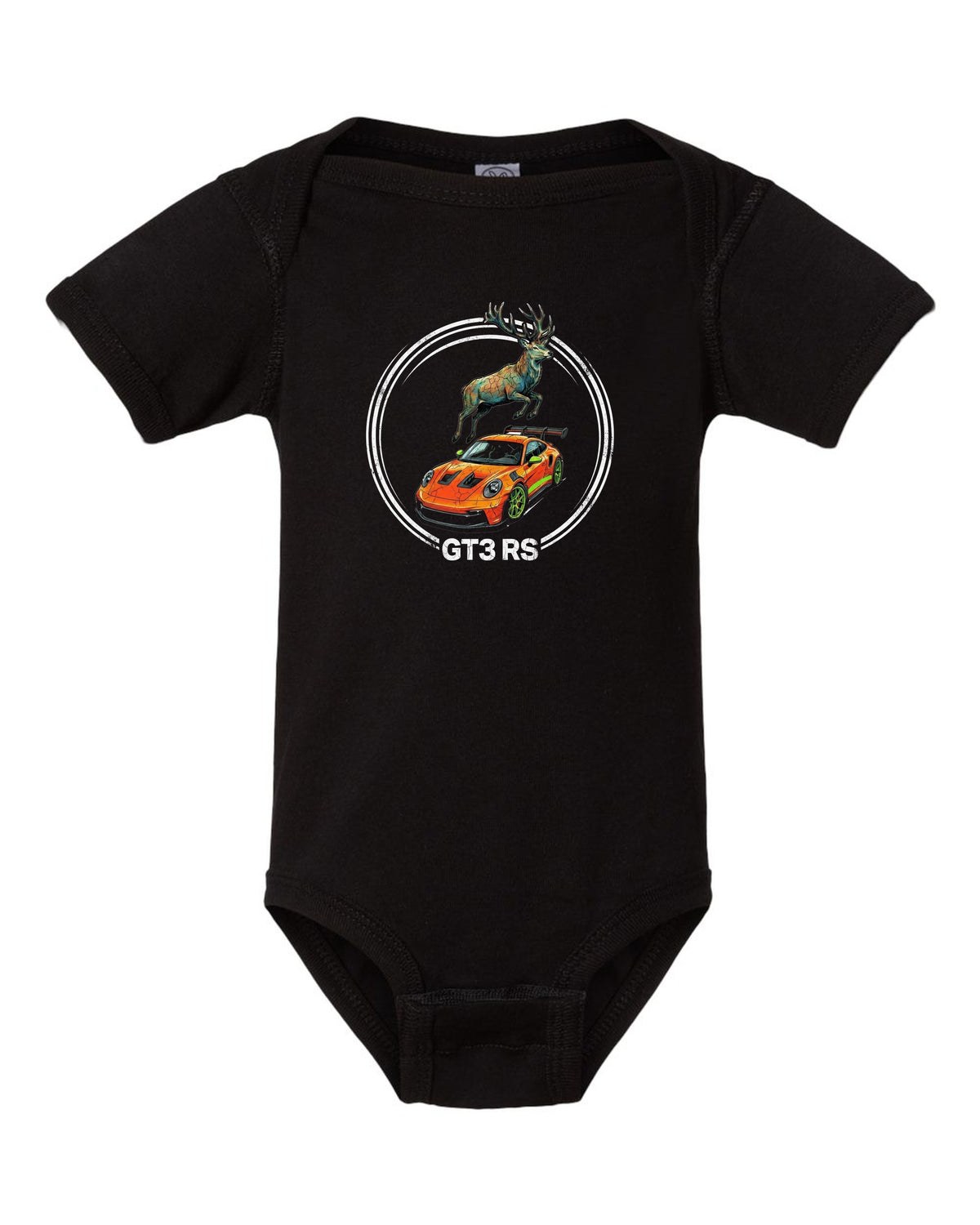 Porsche 911 GT3 RS Stag black baby onesie front view with the design