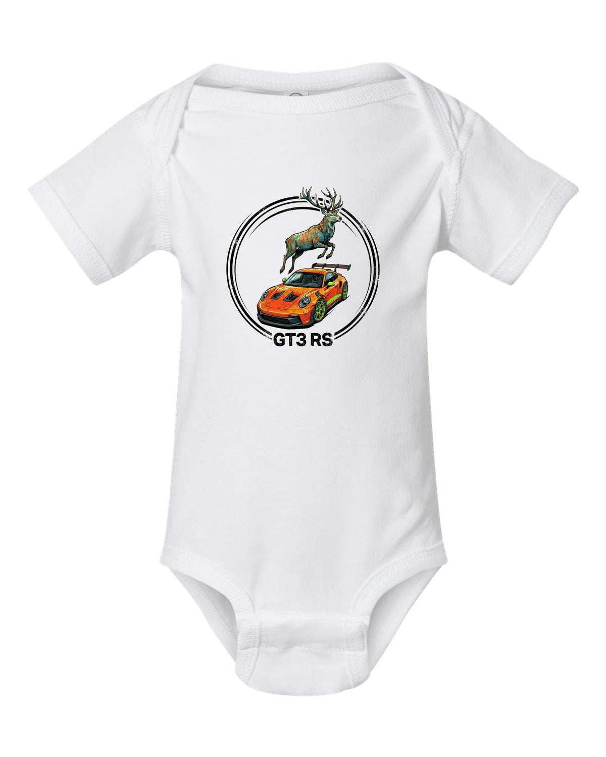 Porsche 911 GT3 RS Stag white baby onesie front view with the design