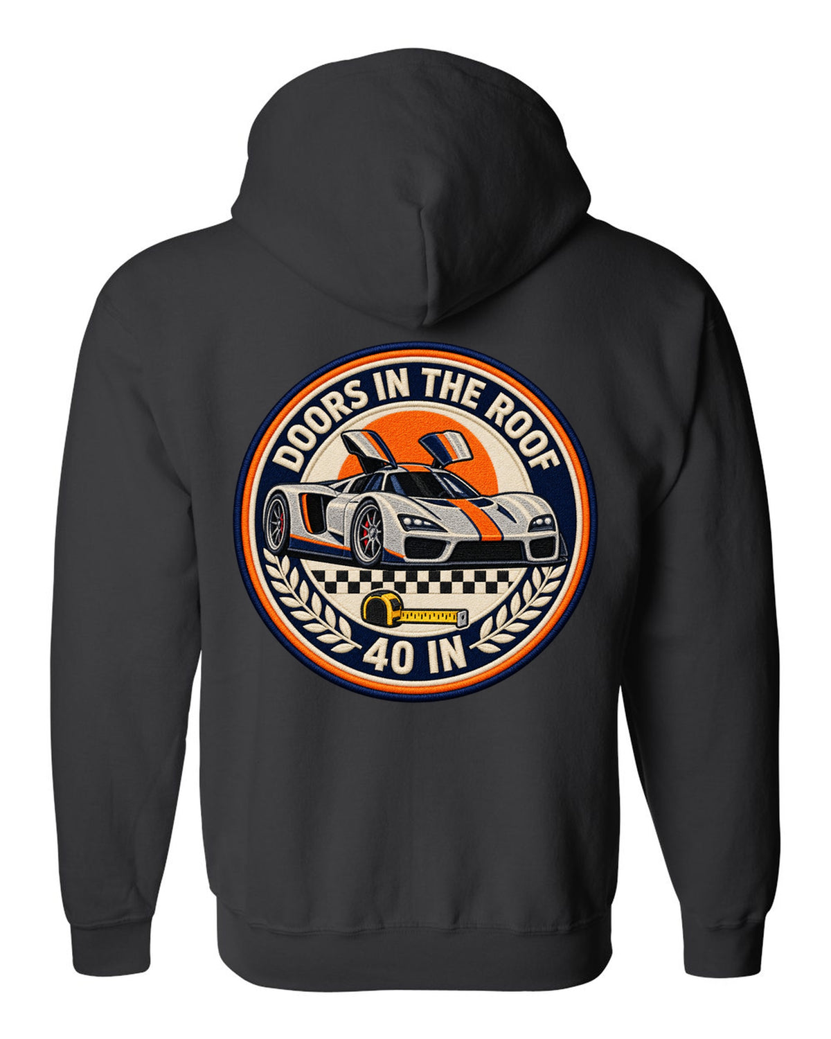 Round crest design for the Ford GT40 Mk II with doors in the roof lettering black zip hoodie back view with the design