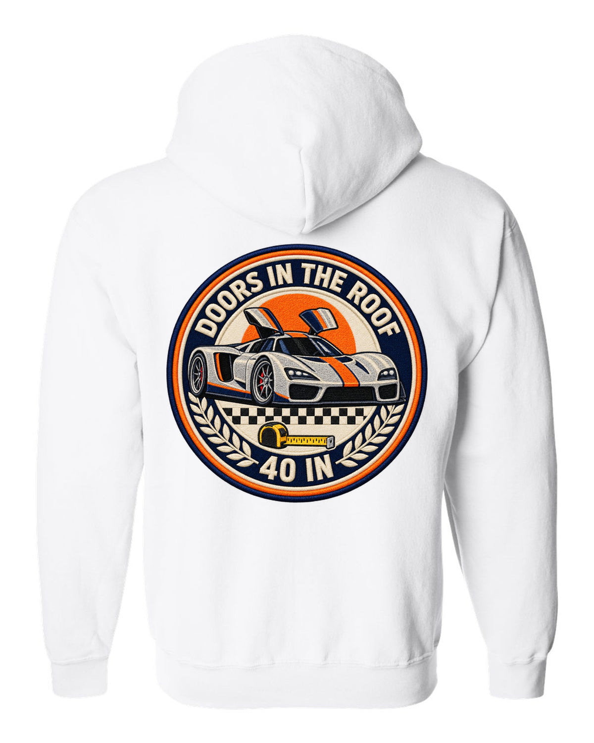 Round crest design for the Ford GT40 Mk II with doors in the roof lettering white zip hoodie back view with the design