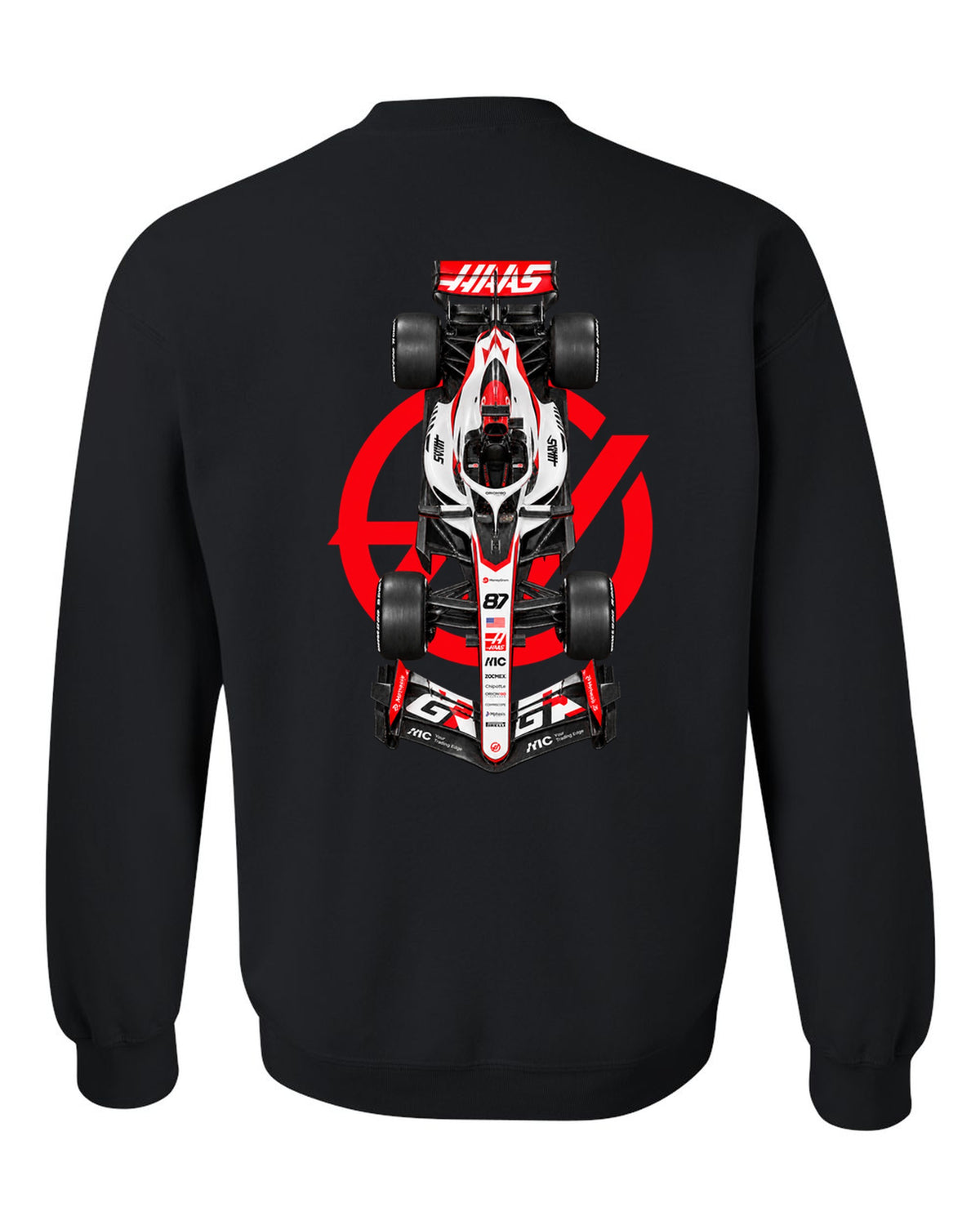 Haas VF-26 Formula 1 overhead poster artwork black crewneck back view with the design