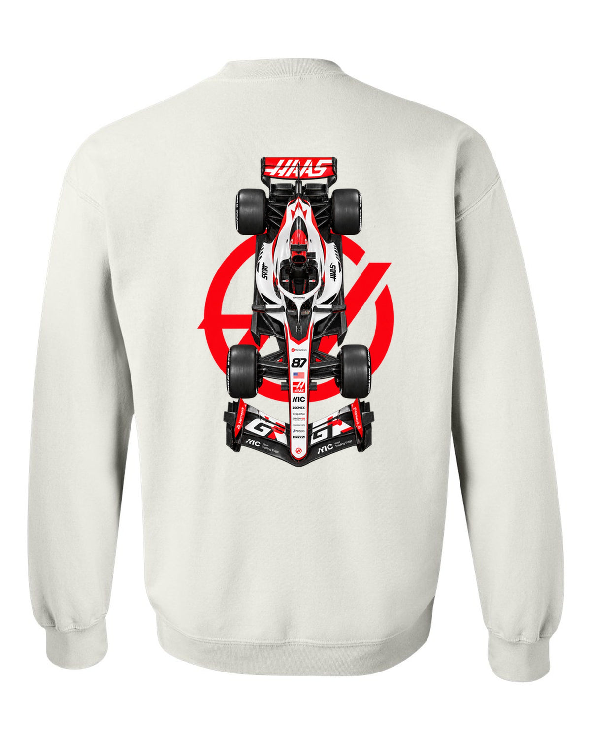 Haas VF-26 Formula 1 overhead poster artwork white crewneck back view with the design
