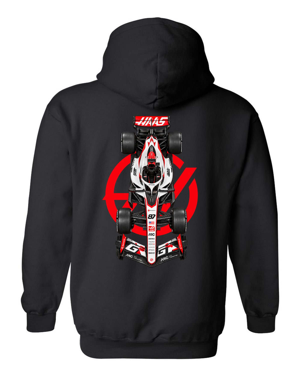 Haas VF-26 Formula 1 overhead poster artwork black pull over hoodie back view with the design
