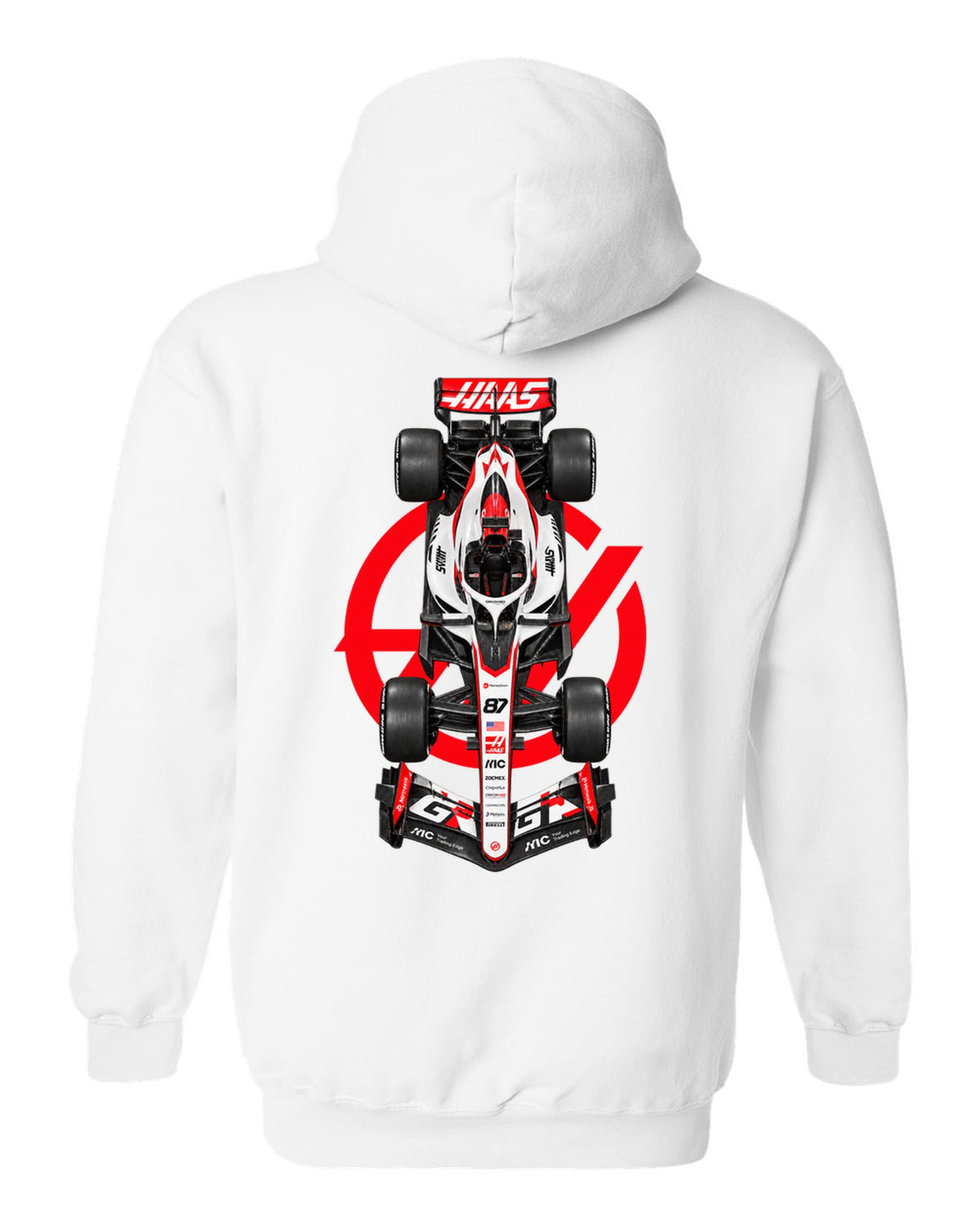 Haas VF-26 Formula 1 overhead poster artwork white pull over hoodie back view with the design