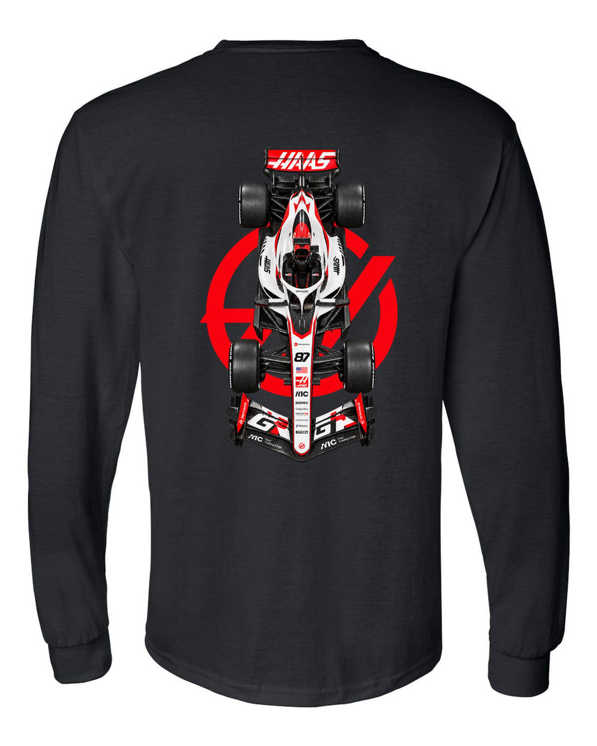 Haas VF-26 Formula 1 overhead poster artwork black long sleeve back view with the design