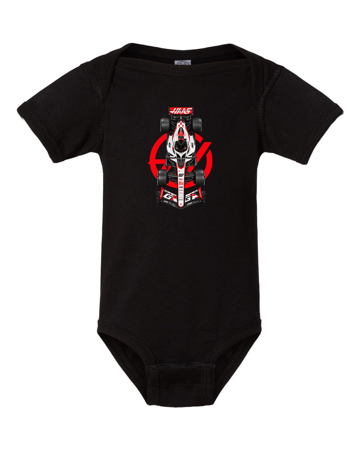 Haas VF-26 Formula 1 overhead poster artwork black baby onesie front view with the design