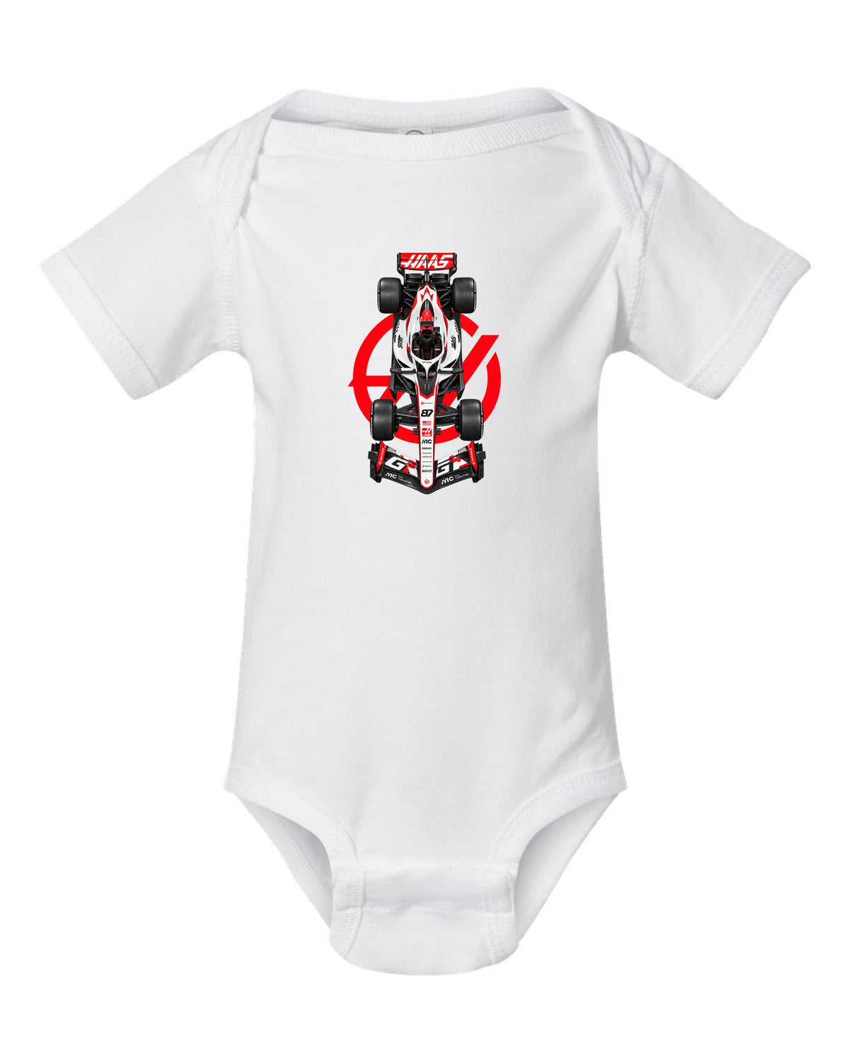 Haas VF-26 Formula 1 overhead poster artwork white baby onesie front view with the design