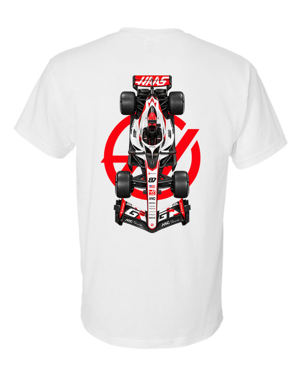 Haas VF-26 Formula 1 overhead poster artwork white t-shirt back view with the design