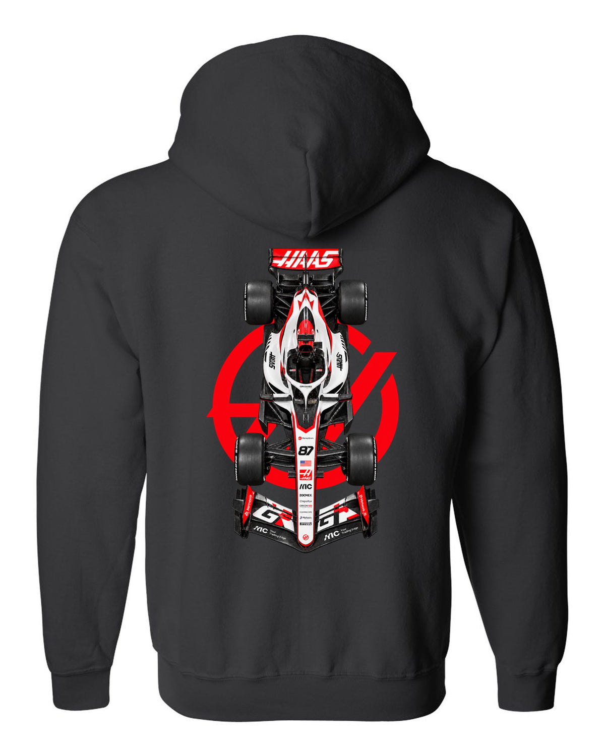 Haas VF-26 Formula 1 overhead poster artwork black zip hoodie back view with the design